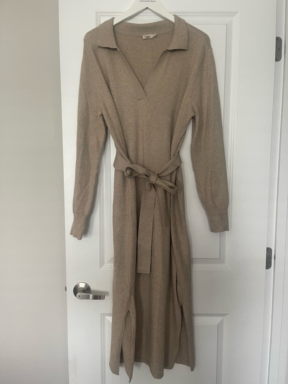 Faherty Taupe Knit Collared Belted Maxi Dress